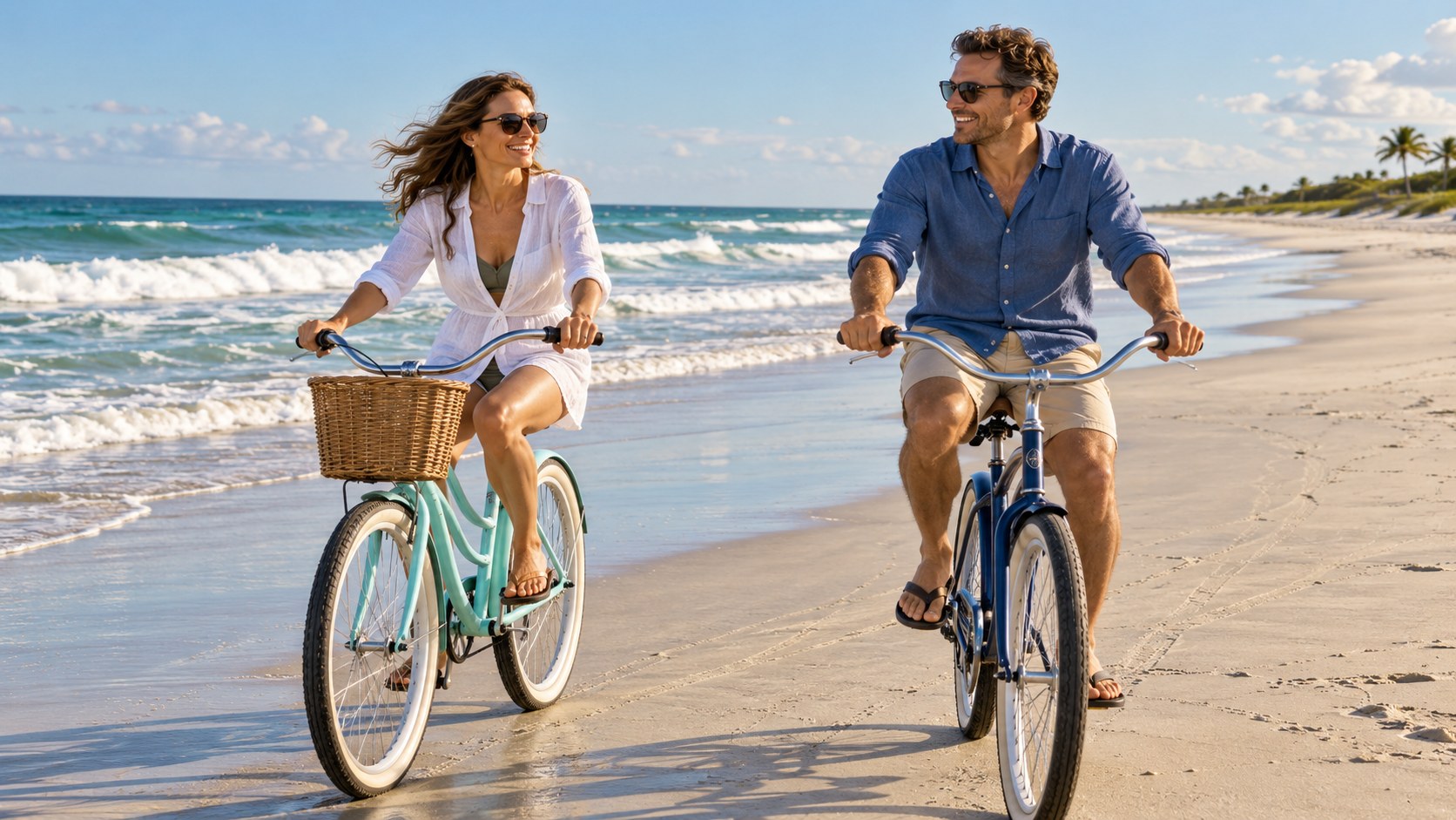 AI illustration of adults riding beach cruiser bicycles beside the surf