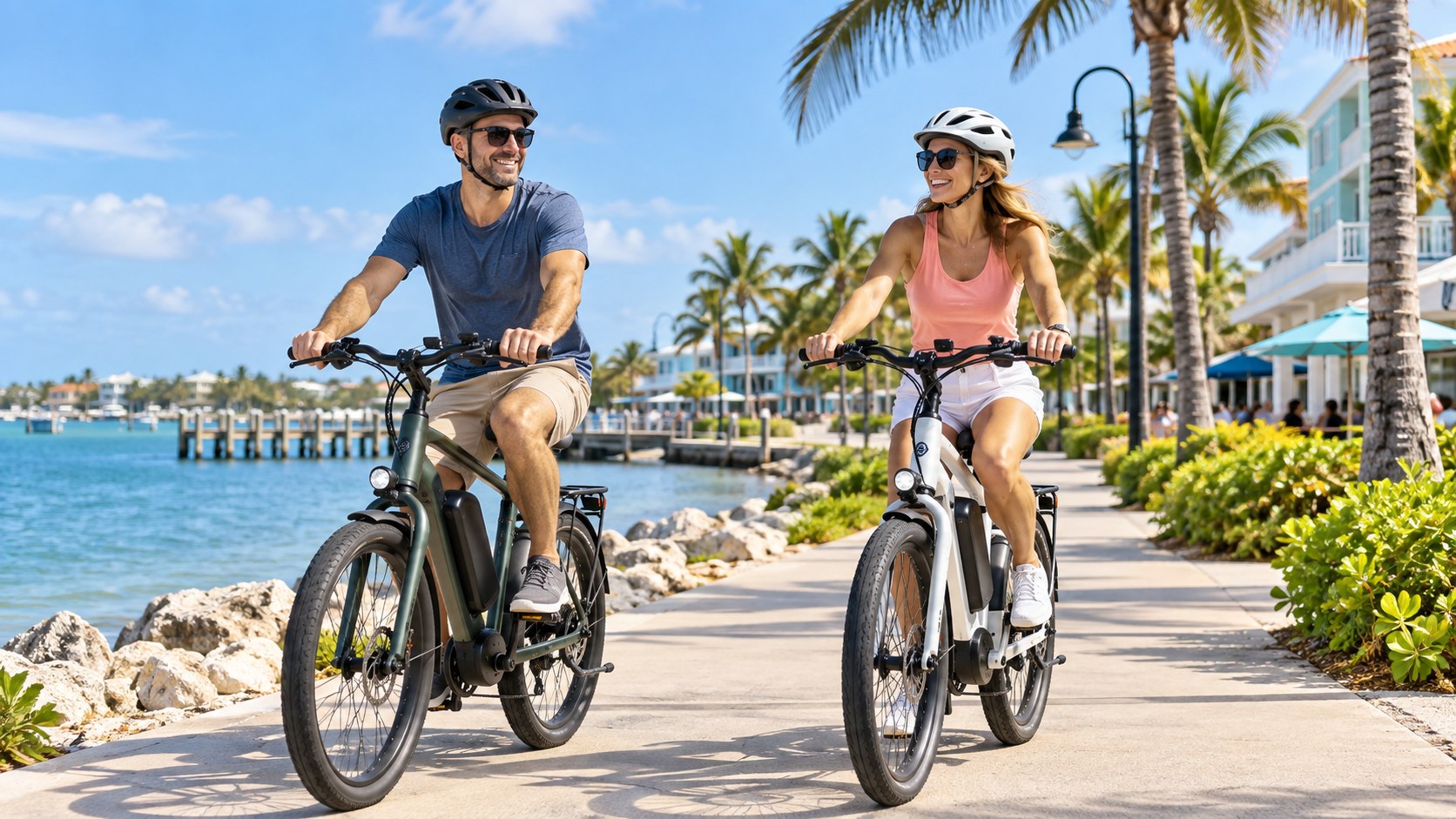 AI illustration of helmeted adults riding electric bicycles on a coastal town bike path