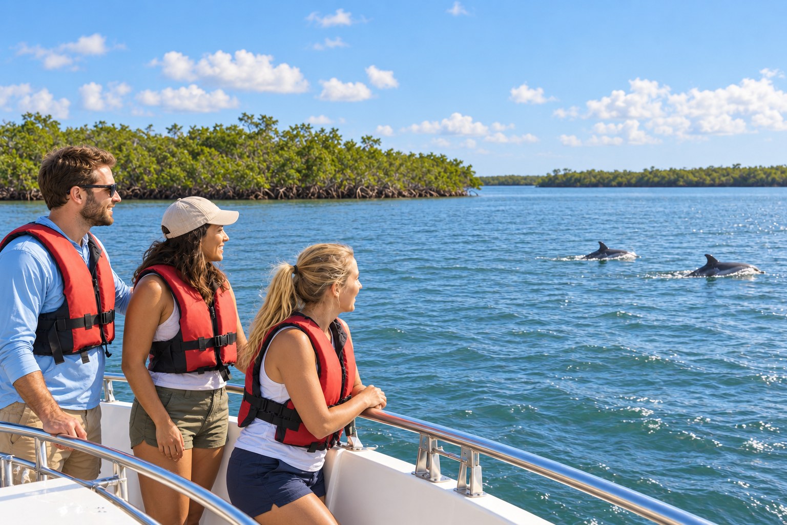 AI illustration of adults watching distant dolphins from a sightseeing boat