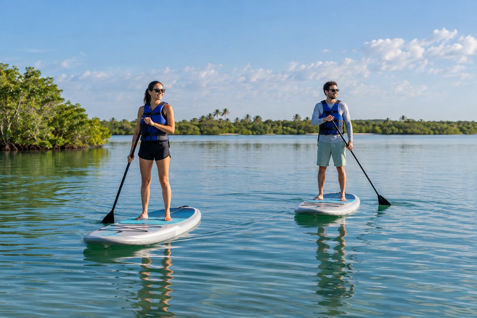 AI illustration of adults paddleboarding on a calm lagoon