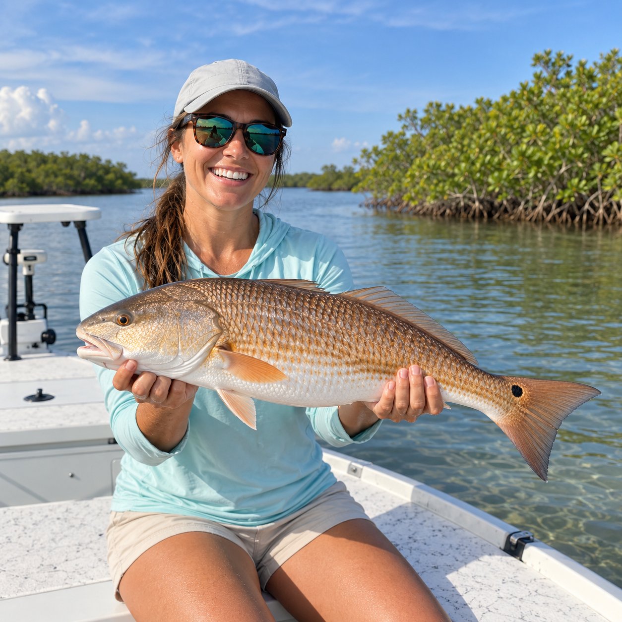 AI illustration of a charter guest holding a redfish on an inshore fishing boat