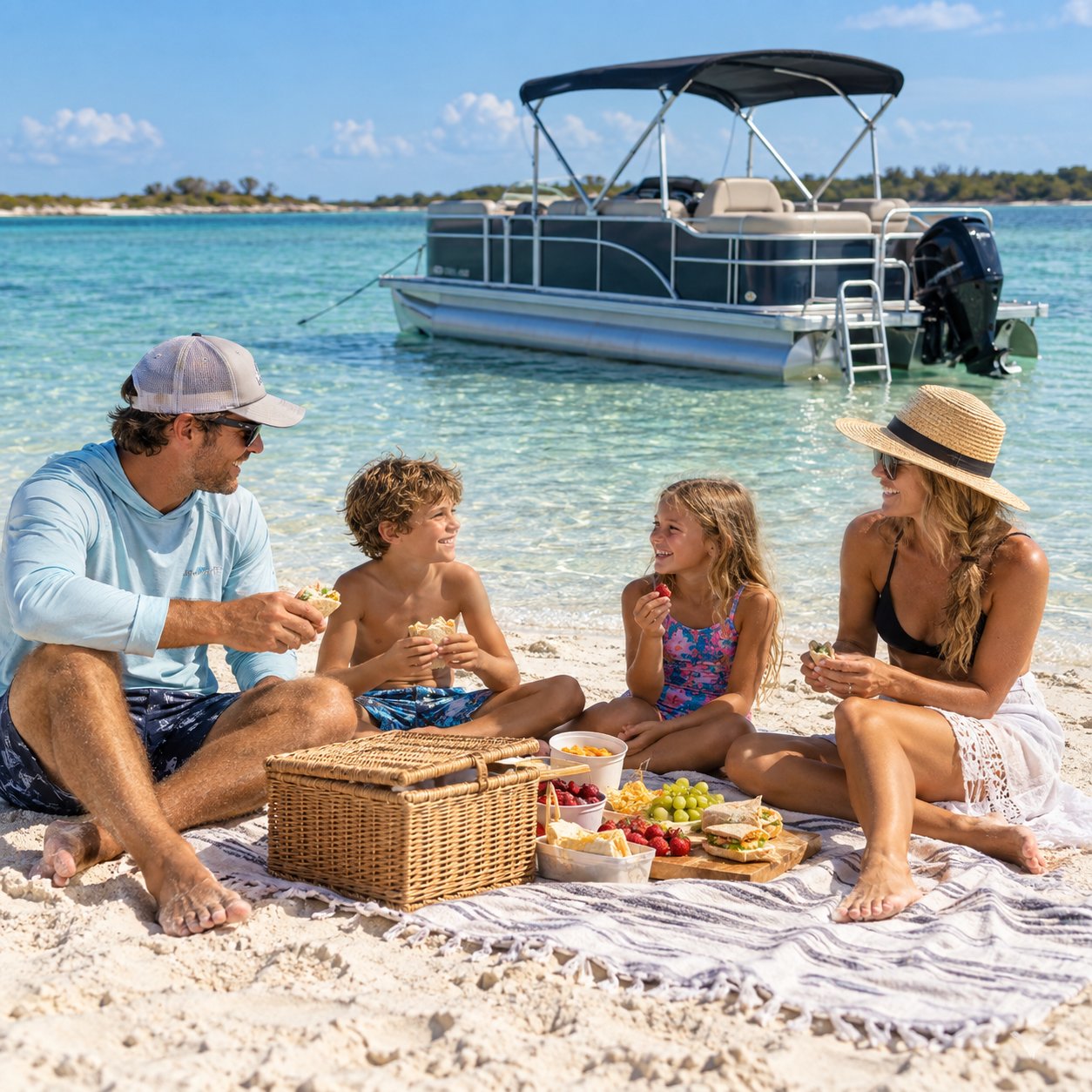 AI illustration of a family enjoying lunch beside their boat at a sandbar