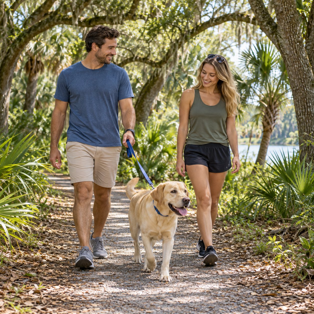 AI illustration of a couple walking their dog on a Florida trail